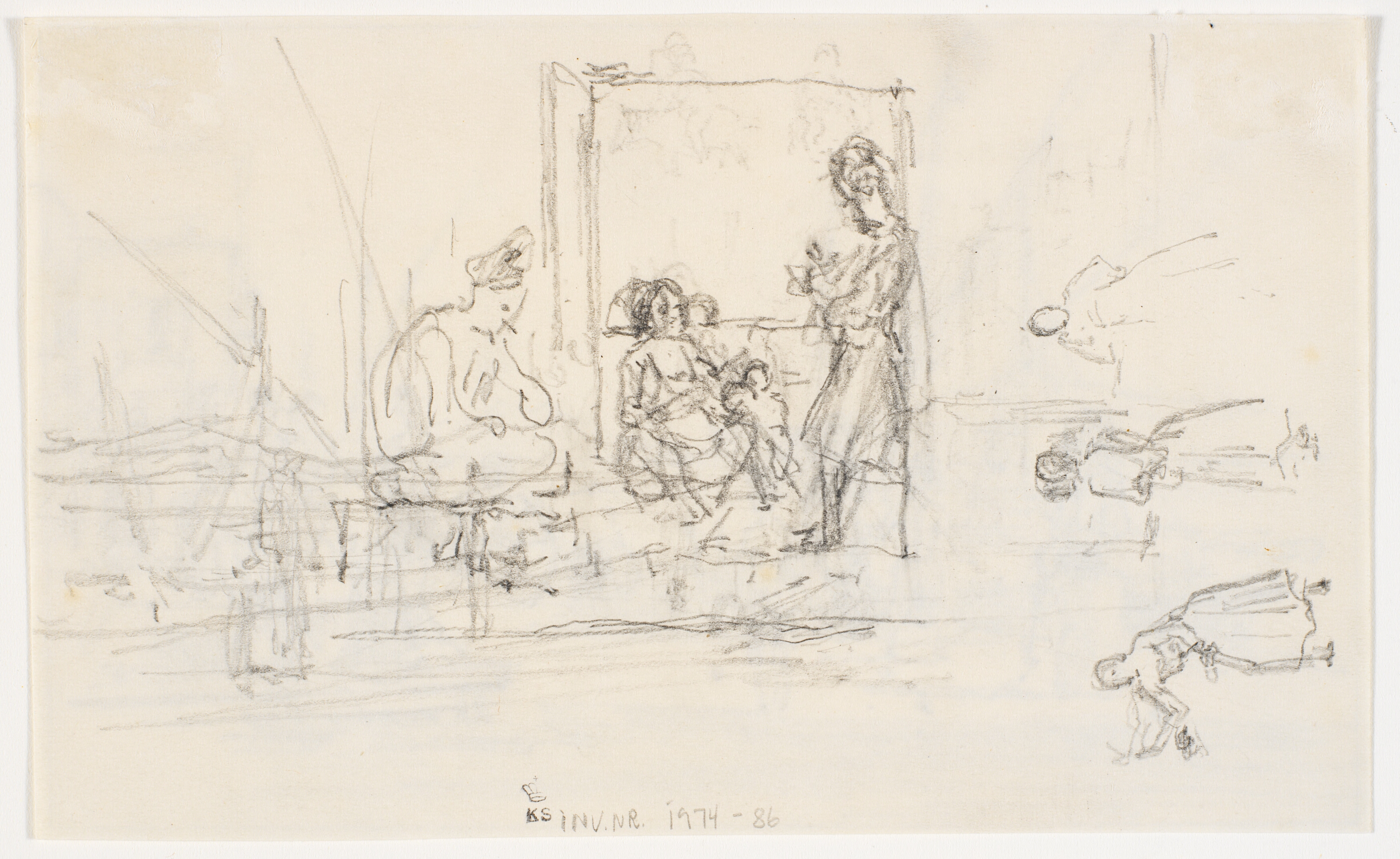 Skitse af værkstedsscene, herunder og tv. vand og master samt tre figurskitser